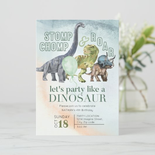 Dinosaurus verjaardagsuitnodiging, Stomp Chomp en  Kaart (Staand voorkant)