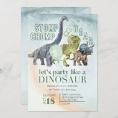 Dinosaurus verjaardagsuitnodiging, Stomp Chomp en  Kaart (Voorkant / Achterkant)