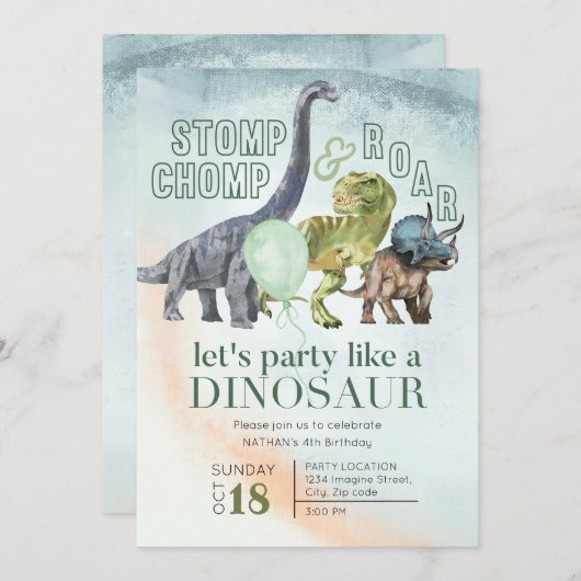 Dinosaurus verjaardagsuitnodiging, Stomp Chomp en  Kaart (Voorkant / Achterkant)