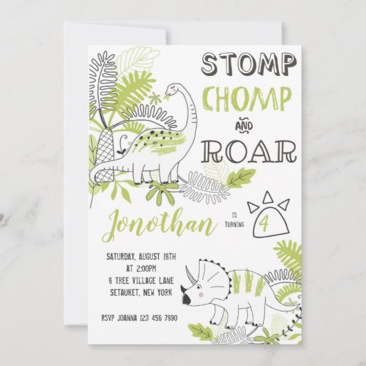 Dinosaurus verjaardagsuitnodiging, stompt chomp br kaart (Voorkant)