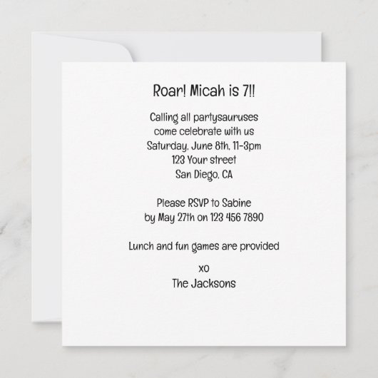 Dinosaurus verjaardagsuitnodiging, T-rex feestbees Kaart (Achterkant)