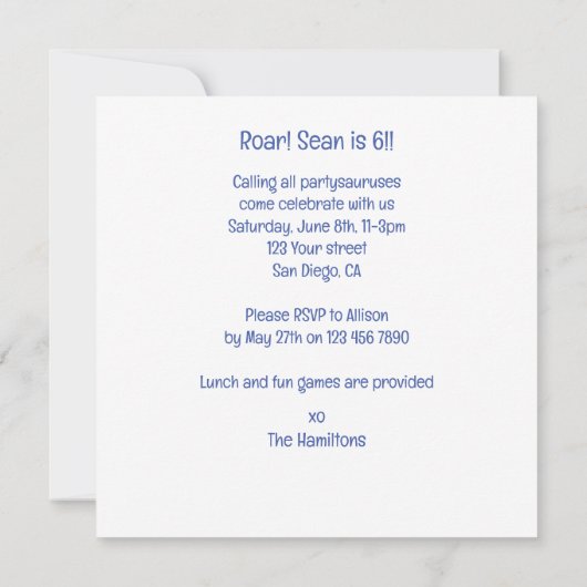 Dinosaurus verjaardagsuitnodiging, T-rex feestbees Kaart (Achterkant)