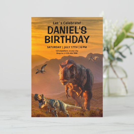 Dinosaurus verjaardagsuitnodiging, T Rex Kids Verj (Staand voorkant)