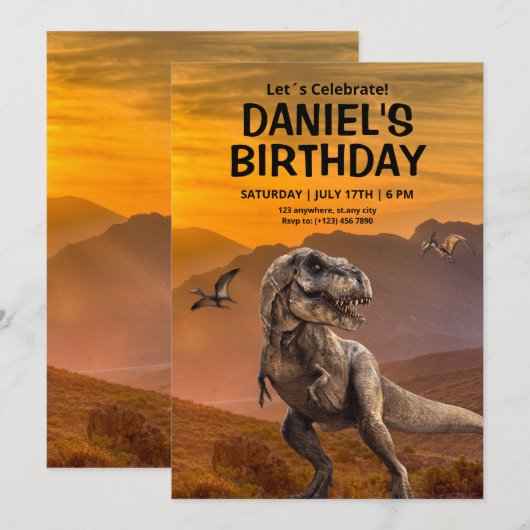 Dinosaurus verjaardagsuitnodiging, T REX Kids Verj Kaart (Voorkant / Achterkant)