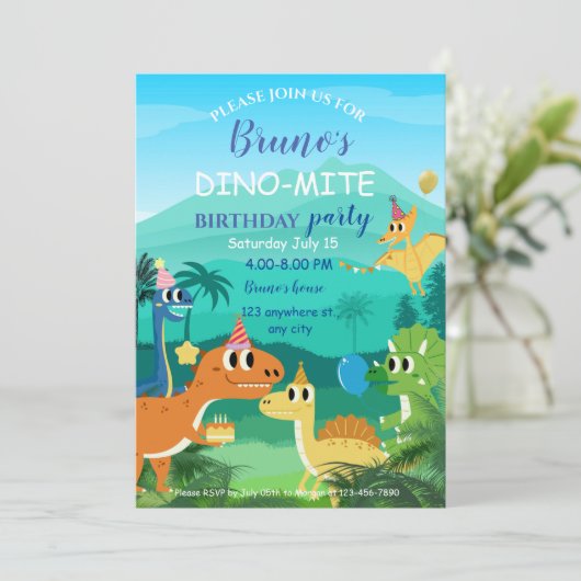 Dinosaurus verjaardagsuitnodiging voor kinderen kaart (Staand voorkant)