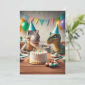 Dinosaurus verjaardagsuitnodiging, voor partysauru feestdagenkaart (Staand voorkant)