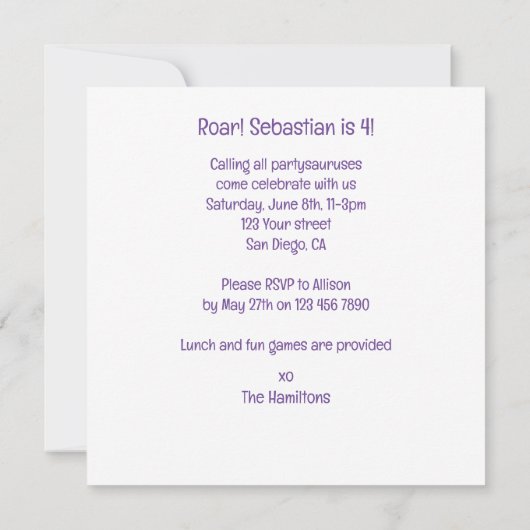 Dinosaurus verjaardagsuitnodiging, voor partysauru kaart (Achterkant)