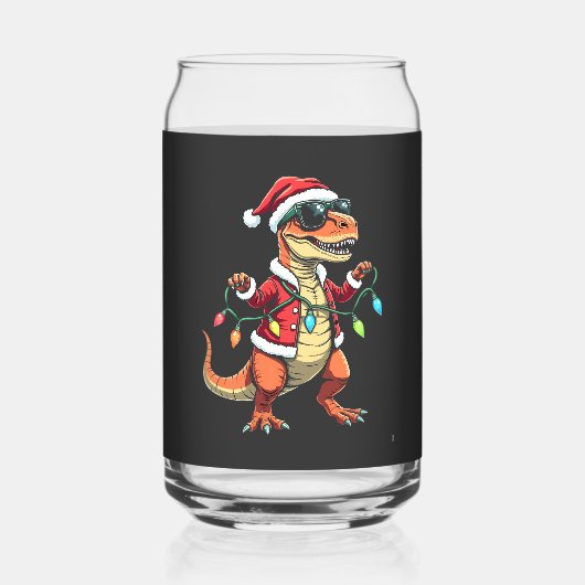Dinosaurus verpakt met kerstverlichting Santa Hat Blikvorm Glas (Voorkant)
