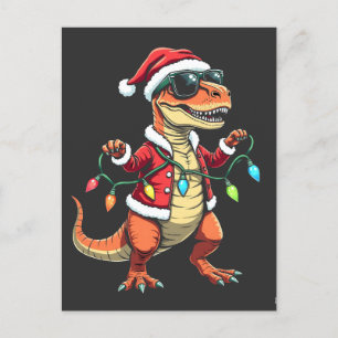 Dinosaurus verpakt met kerstverlichting Santa Hat Briefkaart