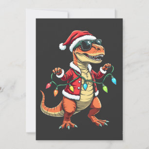 Dinosaurus verpakt met kerstverlichting Santa Hat Kaart