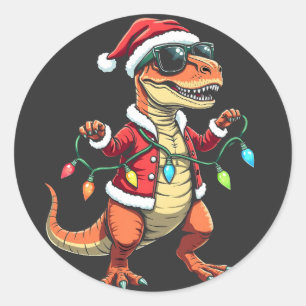Dinosaurus verpakt met kerstverlichting Santa Hat Ronde Sticker