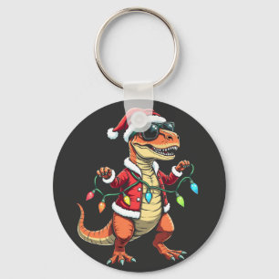 Dinosaurus verpakt met kerstverlichting Santa Hat Sleutelhanger