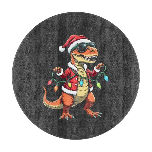 Dinosaurus verpakt met kerstverlichting Santa Hat Snijplank (Voorkant)