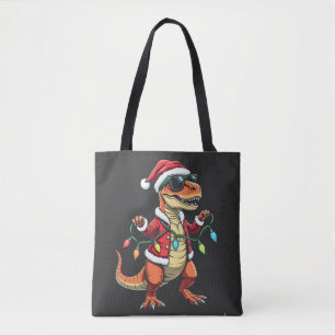 Dinosaurus verpakt met kerstverlichting Santa Hat Tote Bag
