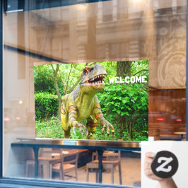 Dinosaurus verwelkomt bezoekers met vrolijke uitdr raamsticker