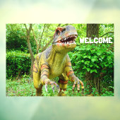 Dinosaurus verwelkomt bezoekers vrolijke uitdrukki raamsticker (Vel 3)