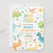 Dinosaurus Vier Jongen T-Rex 4e Verjaardagsfeestje Kaart (Voorkant)