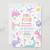 Dinosaurus Vier Roze T-Rex 4e Verjaardagsfeestje Kaart (Voorkant)