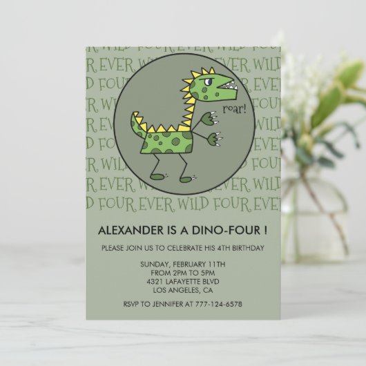 Dinosaurus vierde verjaardag uitnodigingen Trex jo (Staand voorkant)