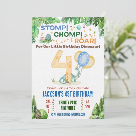 Dinosaurus Vierde Verjaardagsfeest Uitnodiging (Staand voorkant)