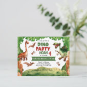 Dinosaurus vierde verjaardagsfeest uitnodigingskaa briefkaart (Staand voorkant)