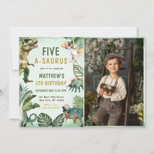 Dinosaurus Vijf-een-Saurus 5e Verjaardagsfeestfoto Kaart (Voorkant)