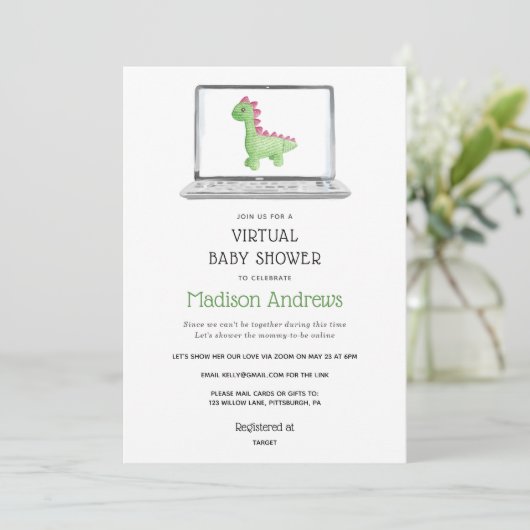 Dinosaurus Virtual Baby shower Kaart (Staand voorkant)