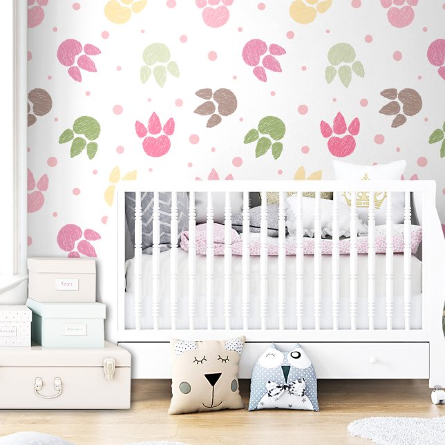 Dinosaurus voetafdrukken patroon meisje kleurrijke behang (Dinosaur Footprints Pattern Girl Colorful Pastel Wallpaper)