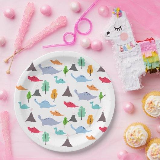 Dinosaurus vulcanos bomen kleurrijk aanpasbaar papieren bordje (Feest)