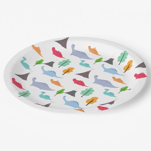 Dinosaurus vulcanos bomen kleurrijk aanpasbaar papieren bordje (Gekanteld)