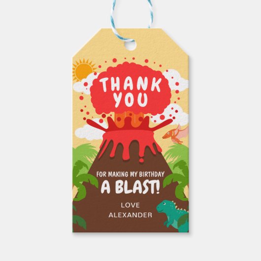 Dinosaurus Vulkaan Kinderen Verjaardag Cadeaulabel (Voorkant)