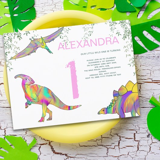 Dinosaurus Waterverf 1e Verjaardagsfeest Roze Budg Uitnodiging Briefkaart