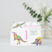 Dinosaurus Waterverf 1e Verjaardagsfeest Roze Budg Uitnodiging Briefkaart (Staand voorkant)