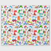 Dinosaurus Waterverf Busy Stad Kinderen Dino Verja Cadeaupapier (Vlak)