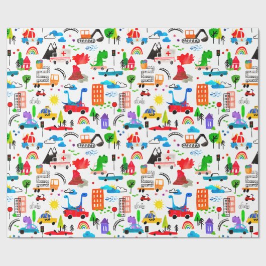 Dinosaurus Waterverf Busy Stad Kinderen Dino Verja Cadeaupapier (Vlak)