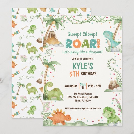 Dinosaurus Waterverf Verjaardag Kaart (Voorkant / Achterkant)