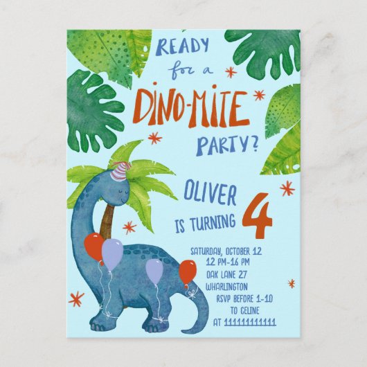Dinosaurus waterverf verjaardagsfeestje cute briefkaart (Voorkant)