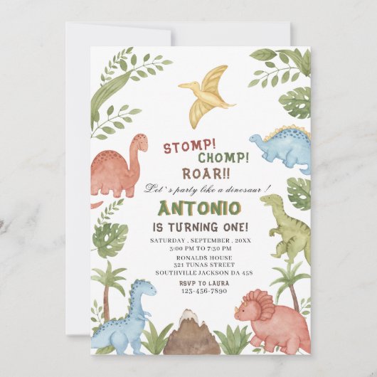 Dinosaurus waterverf verjaardagsfeestje kaart (Voorkant)