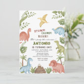 Dinosaurus waterverf verjaardagsfeestje kaart (Staand voorkant)