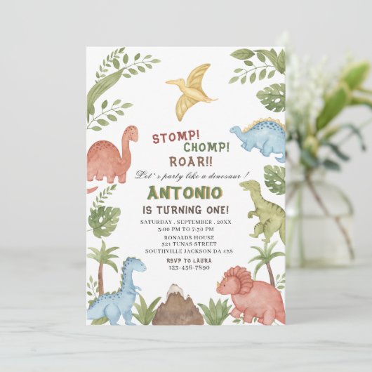 Dinosaurus waterverf verjaardagsfeestje kaart (Staand voorkant)