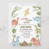 Dinosaurus waterverf verjaardagsfeestje kaart (Voorkant)