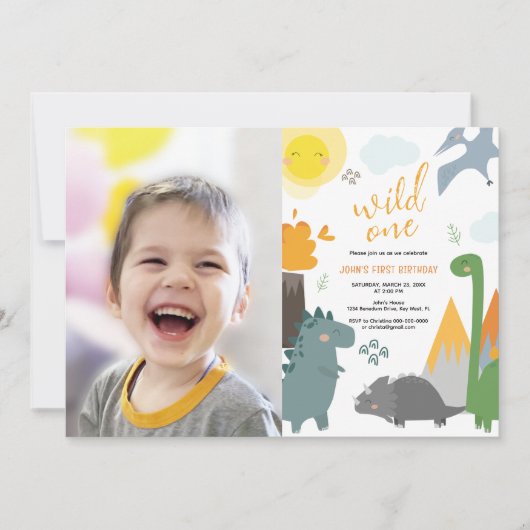 Dinosaurus Wild Een 1e Verjaardag Fotofeestje Kaart (Voorkant)