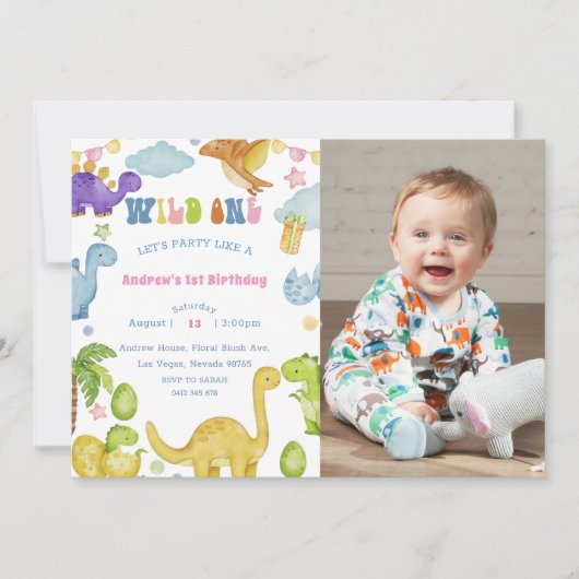 Dinosaurus Wild Een 1e Verjaardagsfeest Uitnodigin Kaart (Voorkant)