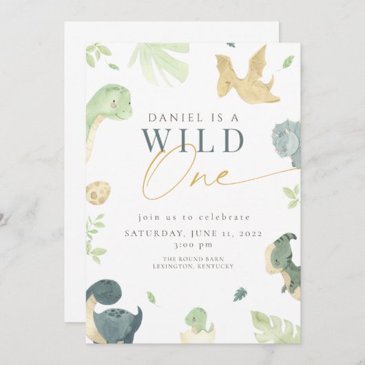 Dinosaurus Wild Een 1e verjaardagsfeestje Kaart (Voorkant / Achterkant)