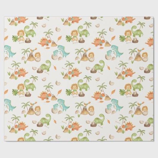 Dinosaurus Wrapping Paper Boy Verjaardag Baby show Cadeaupapier (Vlak)