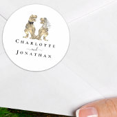 Dinosaurus zwart-wit bruiloft gepersonaliseerd ronde sticker