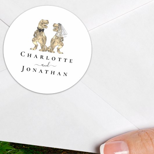 Dinosaurus zwart-wit bruiloft gepersonaliseerd ronde sticker