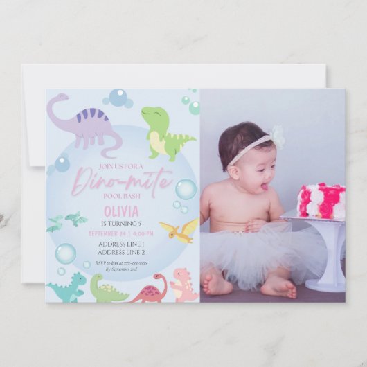 dinosaurus zwembad feest meisje foto verjaardag kaart (Voorkant)