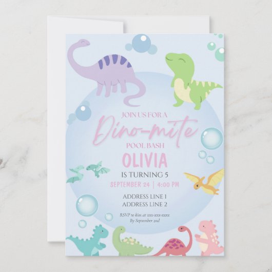 dinosaurus zwembad feest meisje verjaardag kaart (Voorkant)