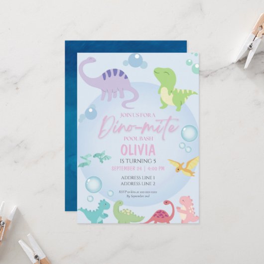 dinosaurus zwembad feest meisje verjaardag kaart (Voorkant / Achterkant in situ)